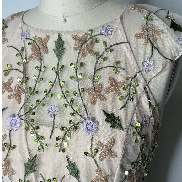 Asos Floral Vine Fairy Garden Embroidered Sequin Mesh Sheer Maxi Dress Size 4 - Picture 2 of 6